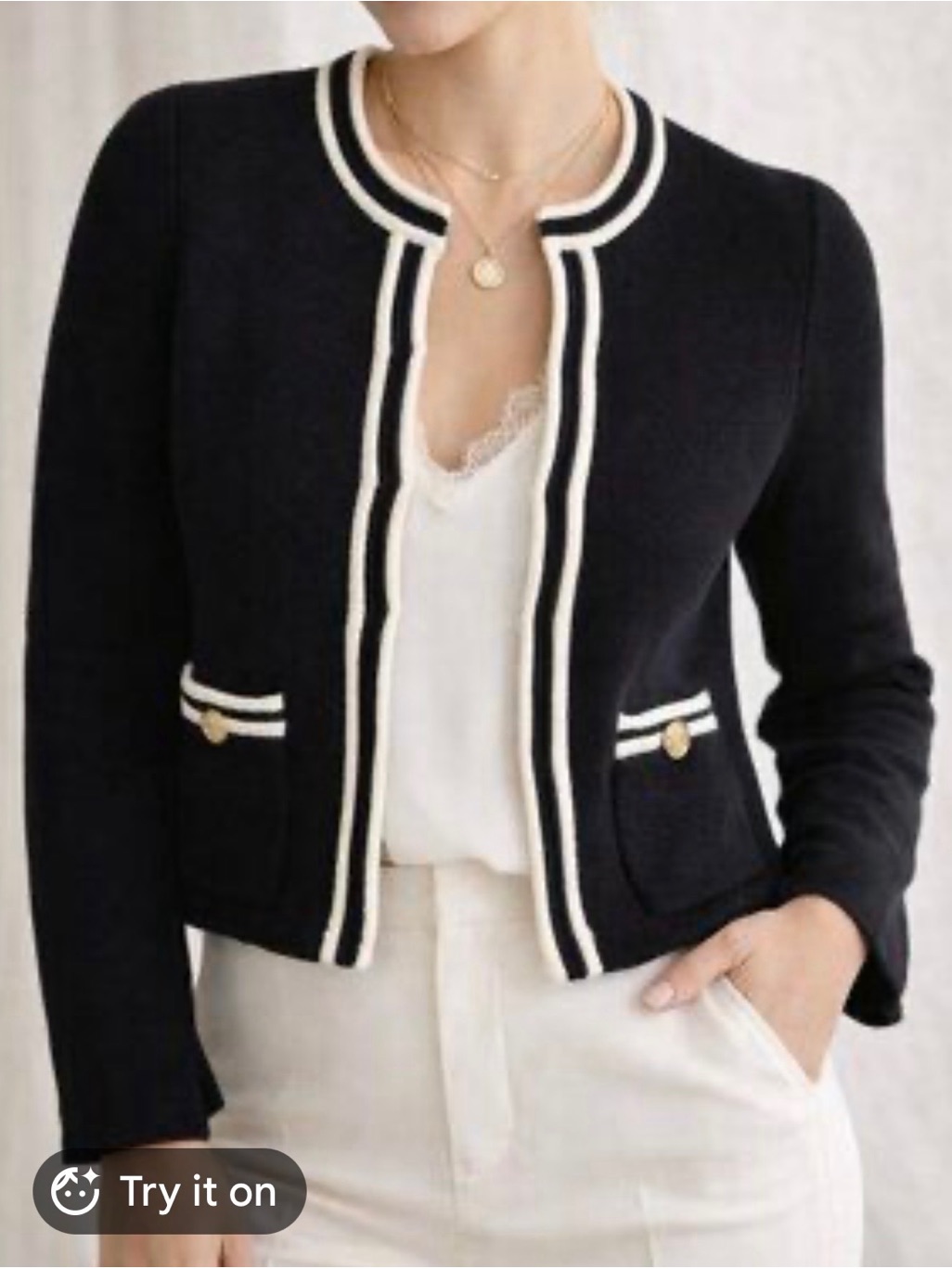 J. Crew Black Collarless Knit Blazer With Cream Trim